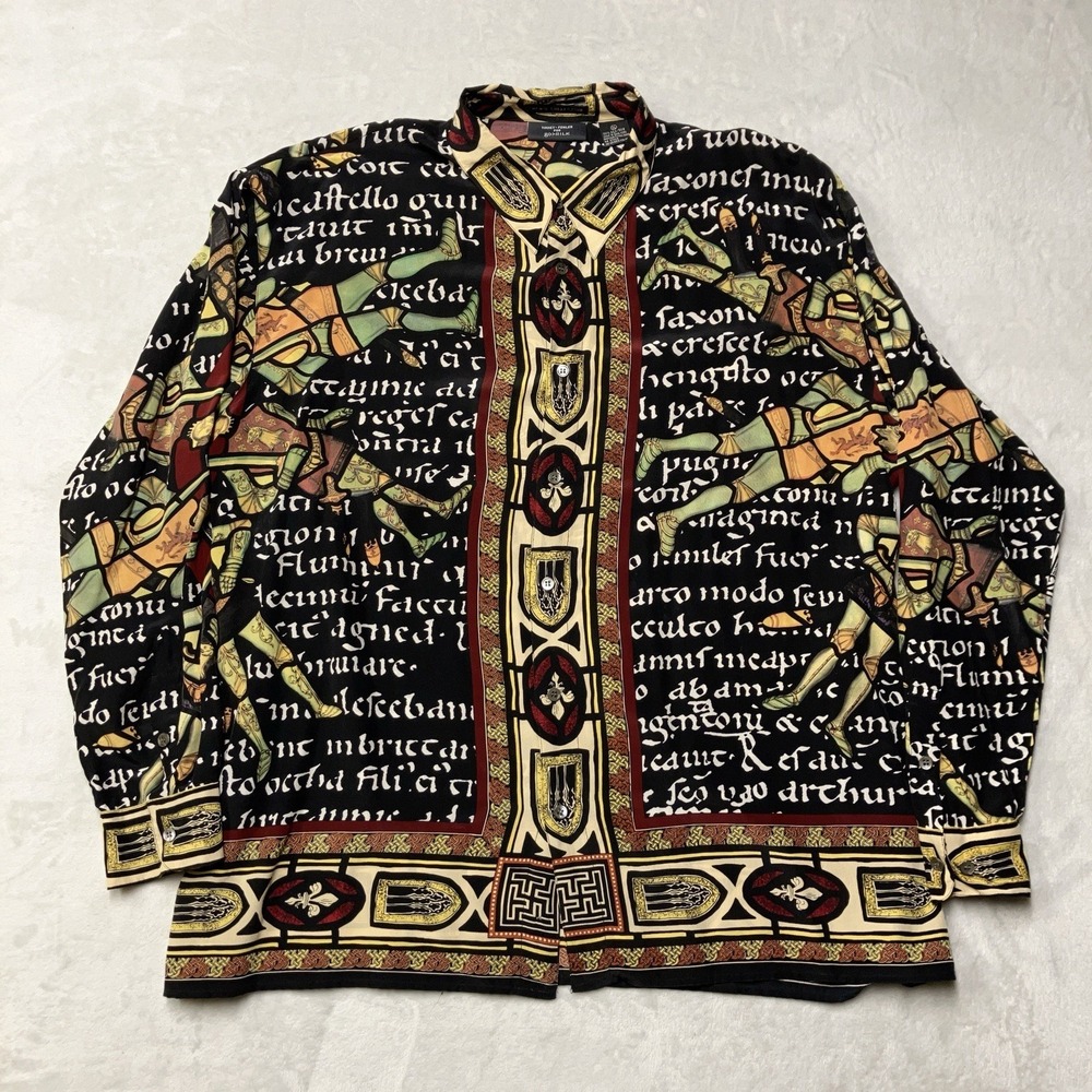 VTG Timney Fowler for Go Silk Mens Shirt XL 100% Silk Gothic Stained Glass AOP